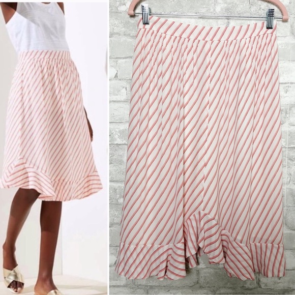 Ann Taylor LOFT Barbiecore Pink White Striped Ruffle Skirt 4 - Picture 1 of 14